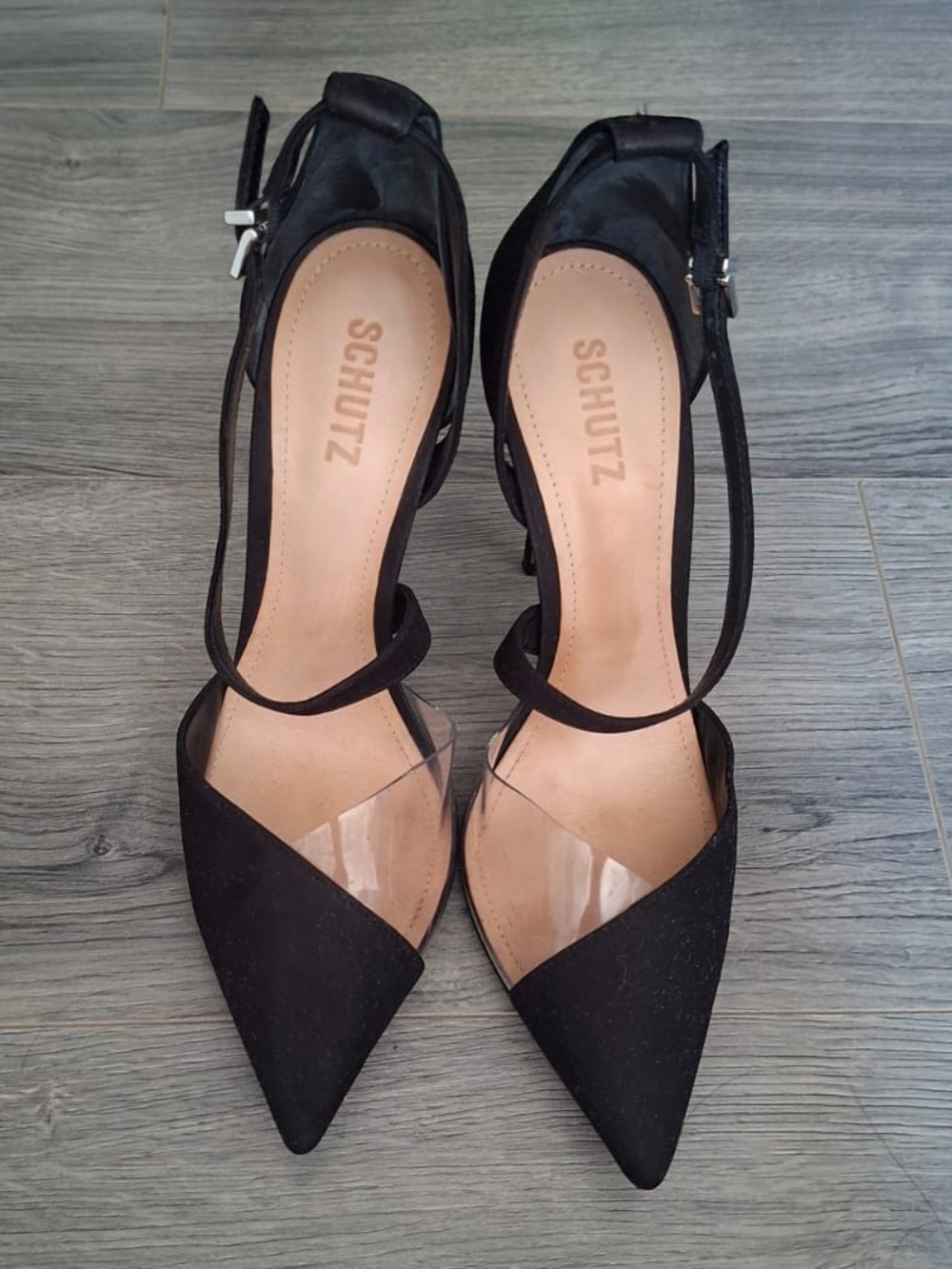 SCHUTZ Black Pointed Toe Ankle Strap Heels